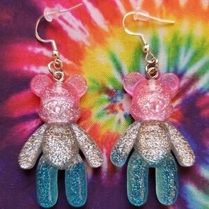 Handmade Lightweight Ombre Glitter Pink Blue Silver Teddy Bear Earrings